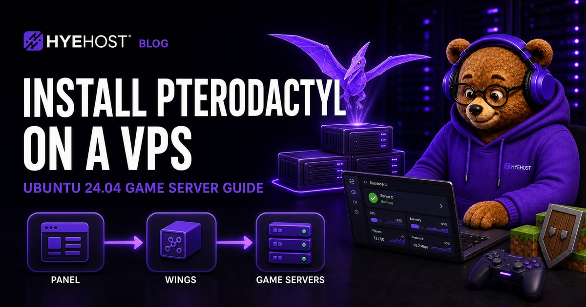 HYEHOST mascot managing Pterodactyl Panel, Wings and isolated game servers on an Ubuntu VPS